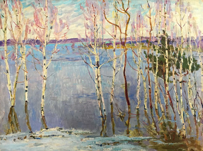 Serene impressionist oil painting of birch trees by lake, Glushchenko