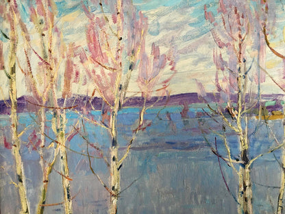 Oil painting of slender birch trees by shore by Glushchenko Nikolay Petrovich