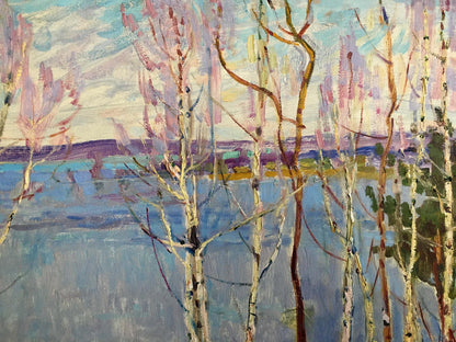 Oil painting of birch trees near shore by Glushchenko Nikolay Petrovich