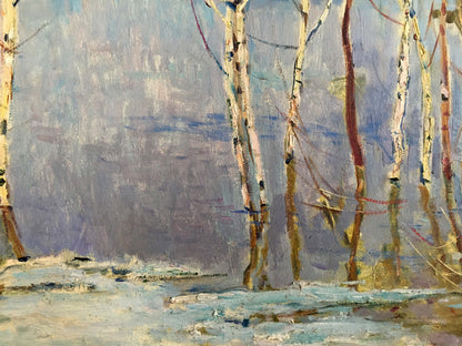 Oil painting of birch trees near shore by Glushchenko Nikolay Petrovich