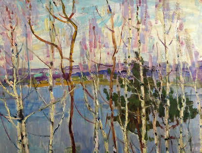 Oil painting of birch trees by shore by Glushchenko Nikolay Petrovich