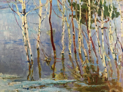 Oil painting of birch trees near shore by Glushchenko Nikolay Petrovich