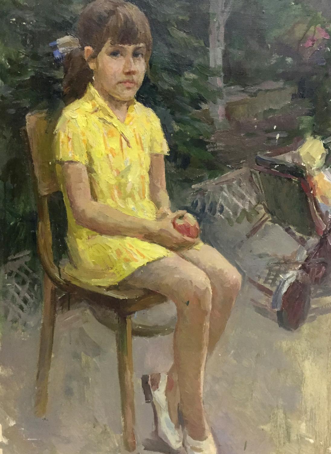Oil painting portrait of girl in yellow dress holding apple by Sheludko Leonid Nikolaevich