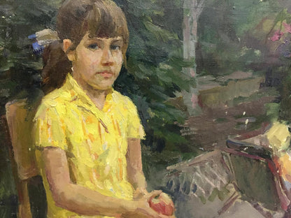Oil painting portrait by Sheludko Leonid Nikolaevich of girl with apple