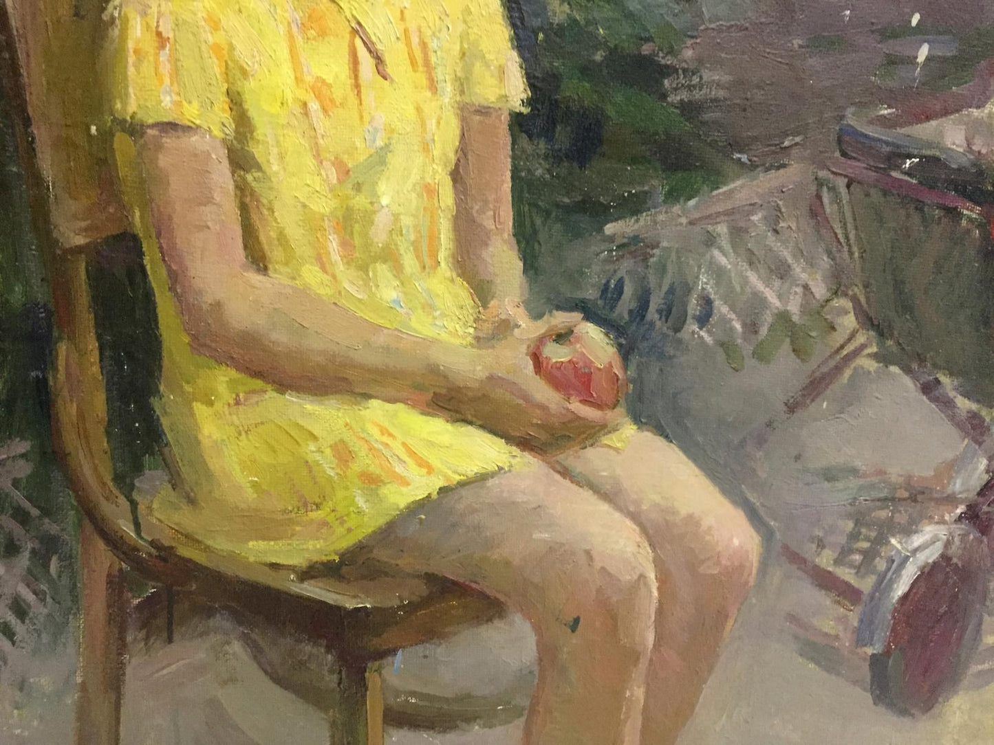 Oil painting portrait of girl in yellow dress holding apple by Sheludko Leonid Nikolaevich