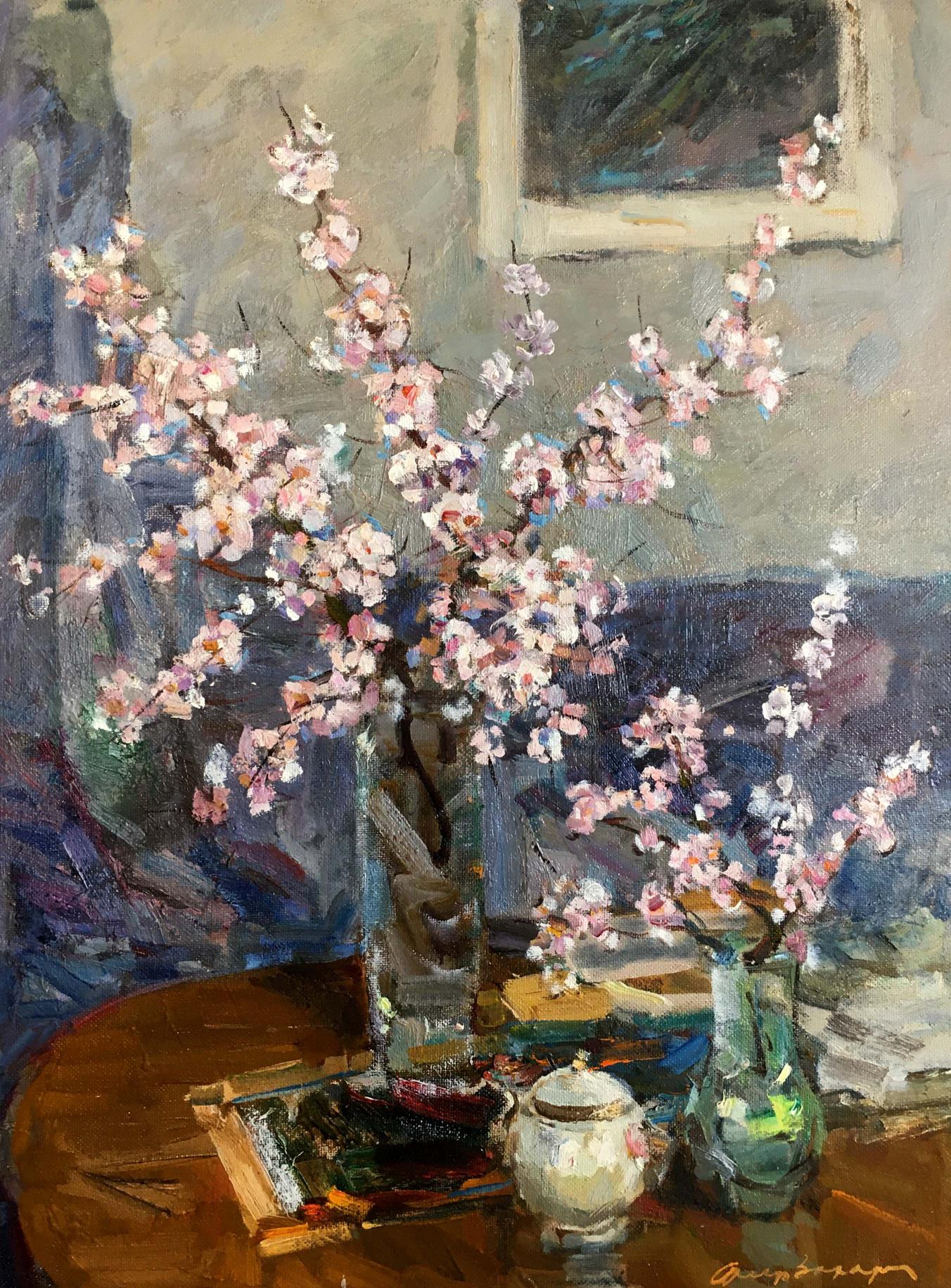Oil painting of Autumn bouquet with pink white cherry blossoms by Zakharov Fedor Zakharovich