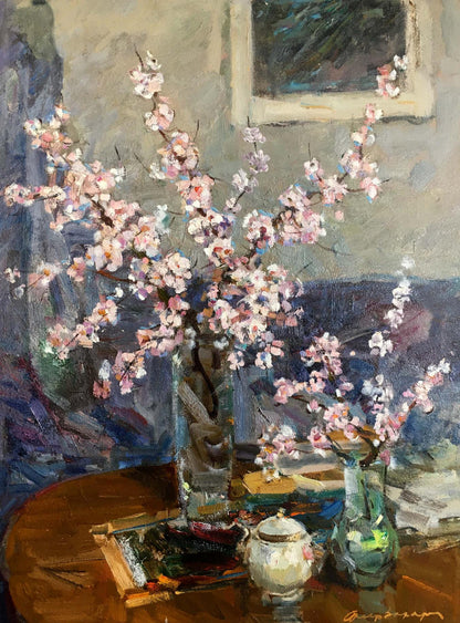 Oil painting of Autumn bouquet with pink white cherry blossoms by Zakharov Fedor Zakharovich