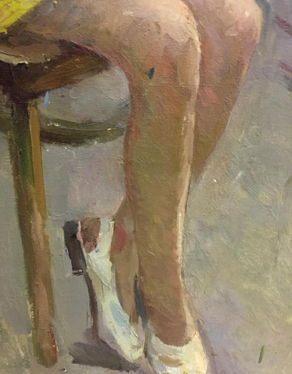 Oil painting portrait of girl in glossy white high-heeled shoes with red blue accents by Sheludko Leonid Nikolaevich