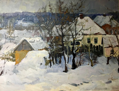 Winter village oil painting by Marinich Nikolai Yakovlevich with snow-covered houses and trees