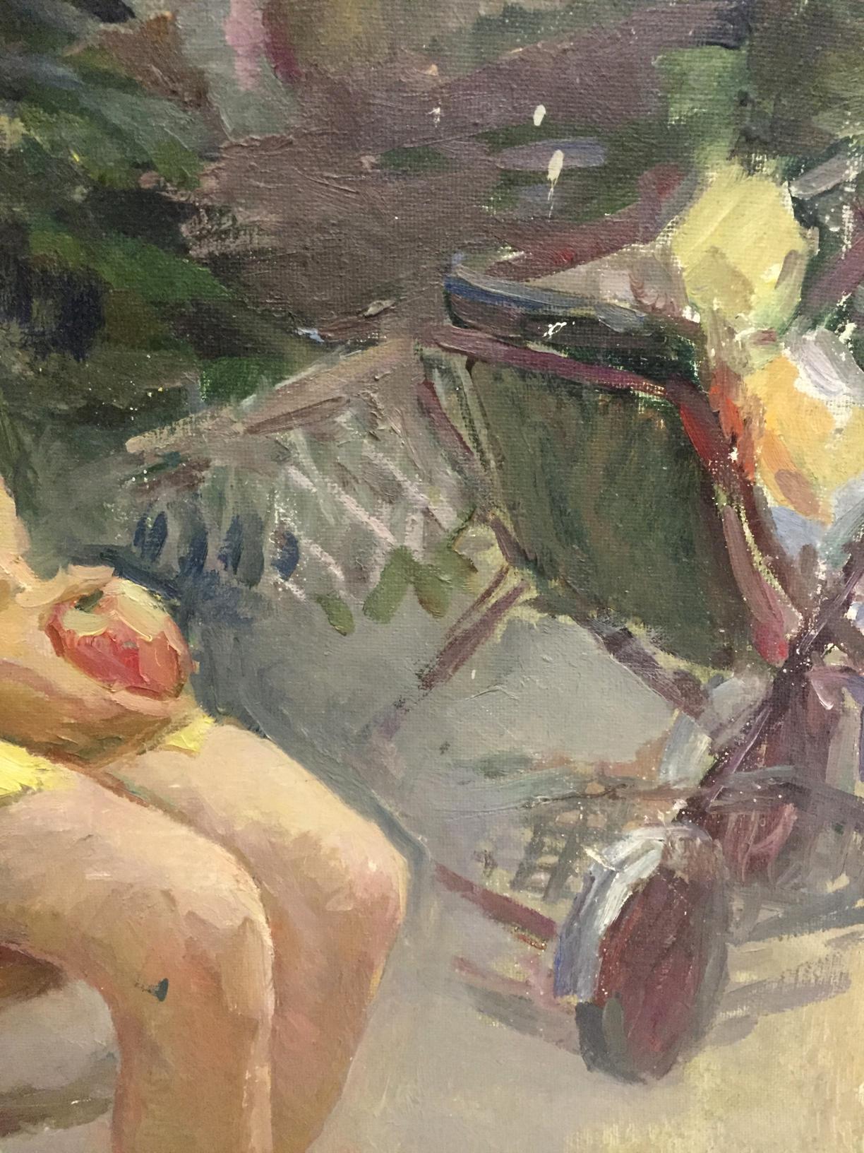 Impressionistic oil painting of green red stroller by Sheludko Leonid Nikolaevich