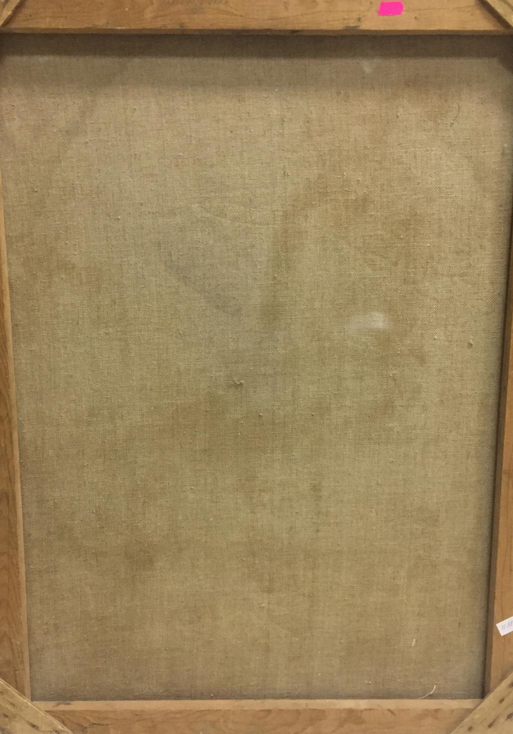 Back of Oil painting Portrait of a Girl by Sheludko Leonid Nikolaevich, beige linen and wood frame