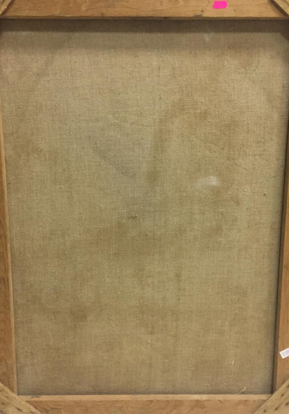 Back of Oil painting Portrait of a Girl by Sheludko Leonid Nikolaevich, beige linen and wood frame