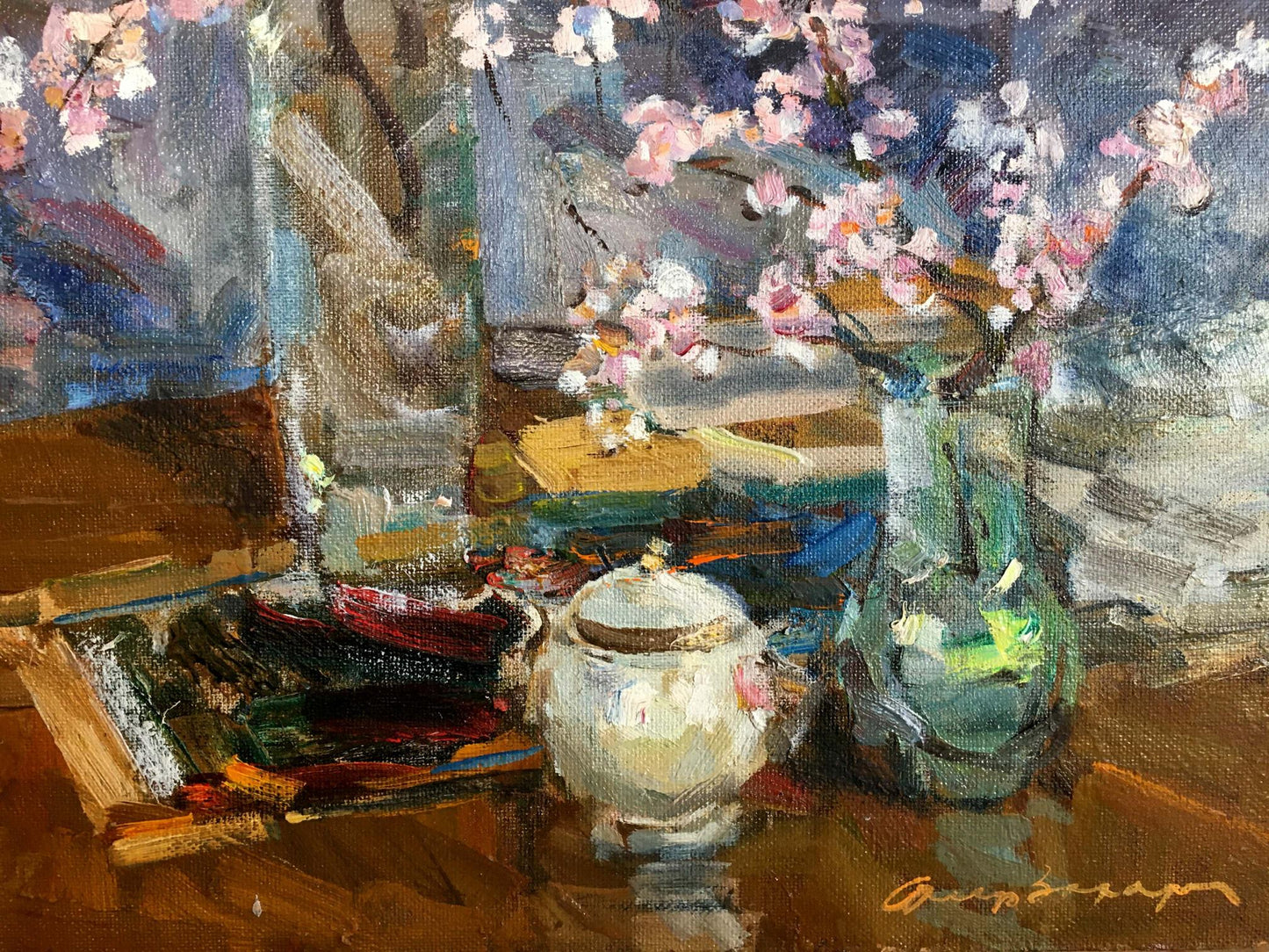 Oil painting of delicate pink cherry blossoms in green glass vase by Zakharov Fedor Zakharovich