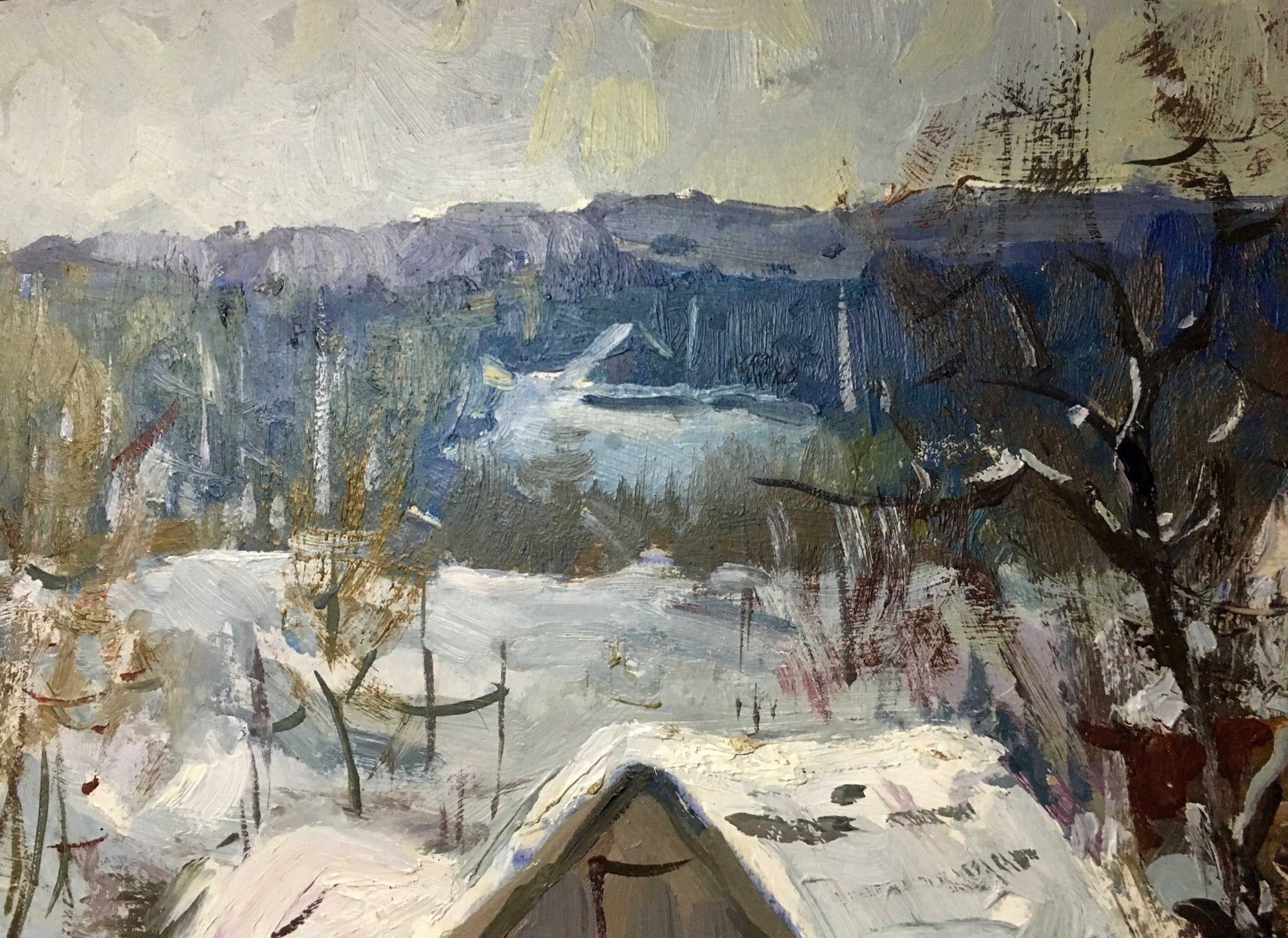 Textured impressionistic snowy village landscape oil painting by Marinich Nikolai Yakovlevich