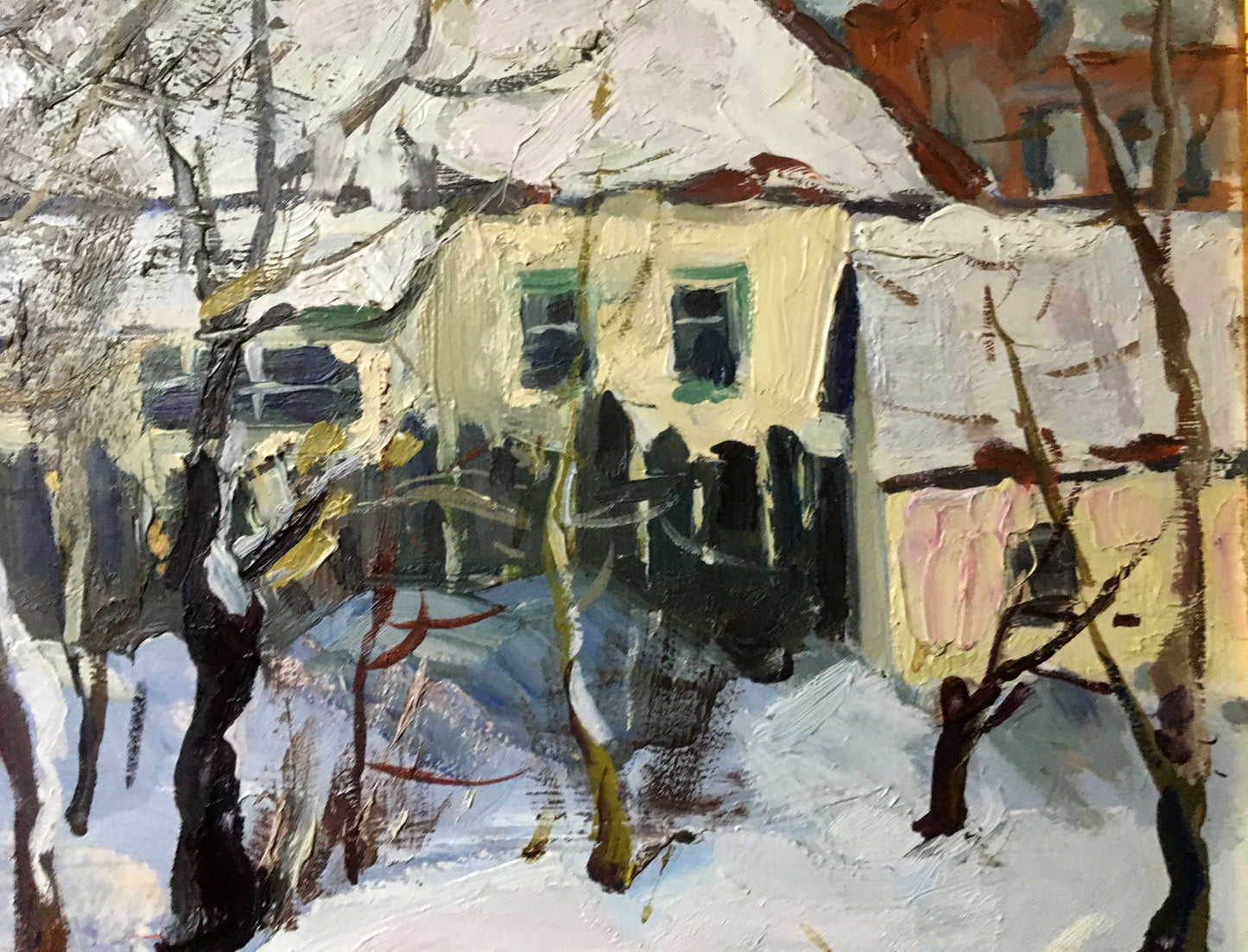 Winter village oil painting by Marinich Nikolai Yakovlevich, snow-covered house