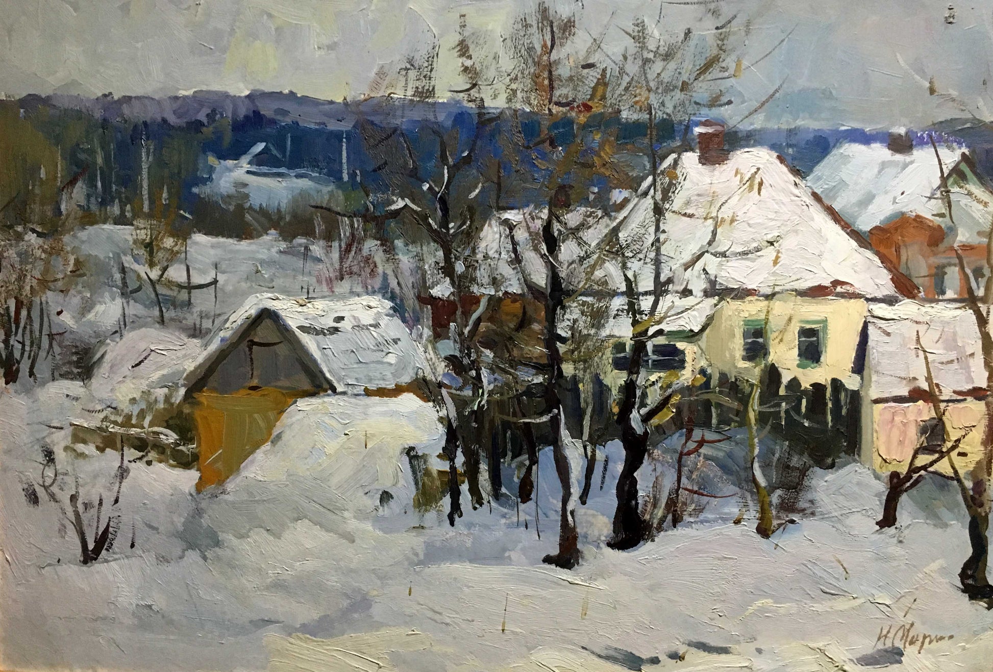 Winter village oil painting by Marinich Nikolai Yakovlevich, snow-covered houses