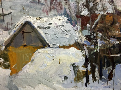 Winter village oil painting by Marinich Nikolai Yakovlevich, snow-covered roof