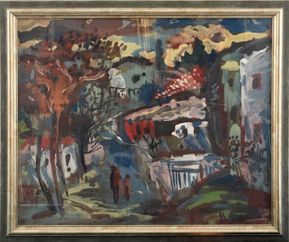 Abstract oil painting by Karelin Vyacheslav: vibrant village in gold frame