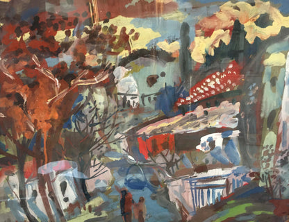 Vibrant abstract oil landscape by Karelin Vyacheslav with bold red, orange, blue, green strokes