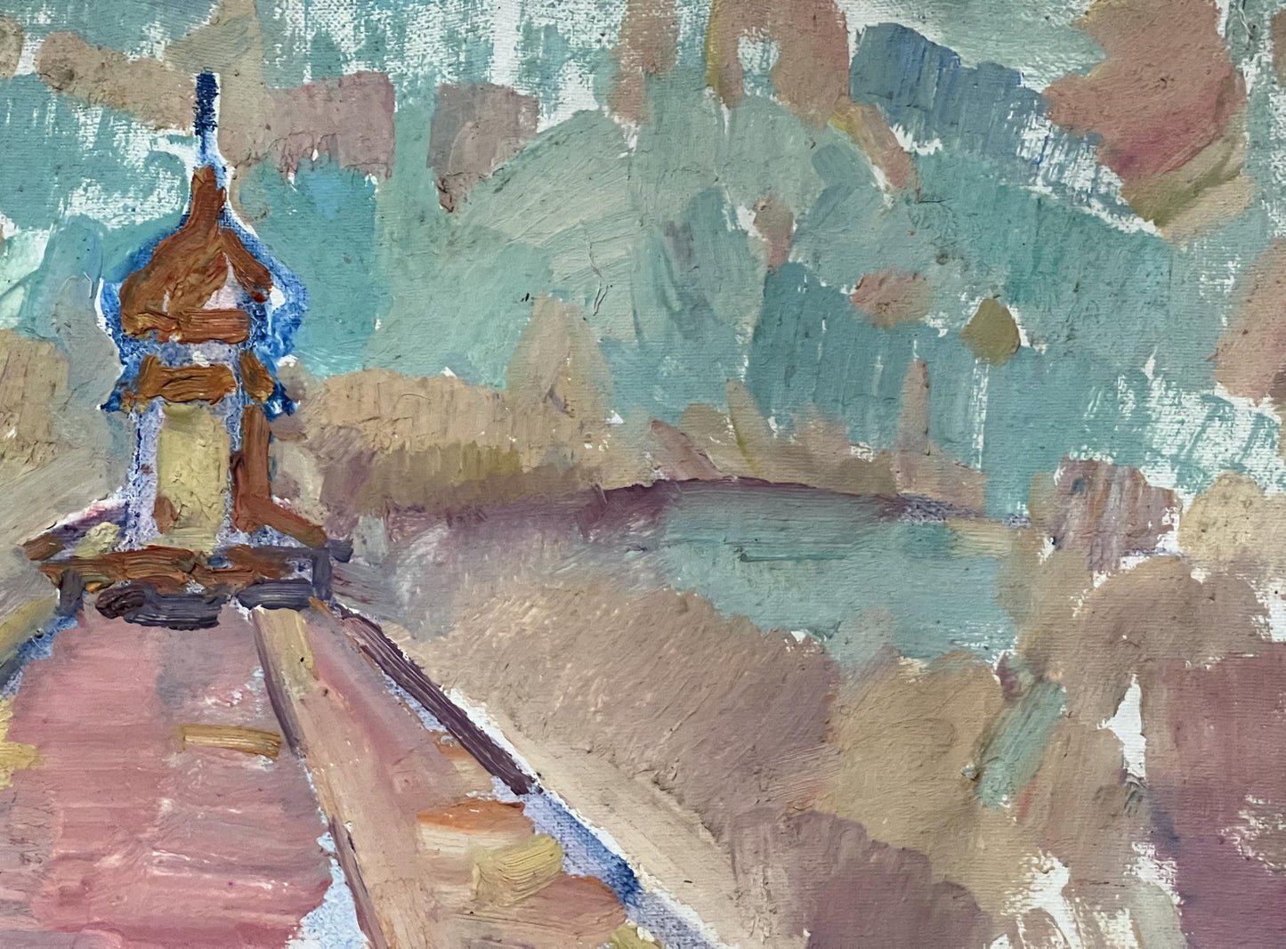 Oil painting of brown blue tower by Peter Dobrev in teal landscape