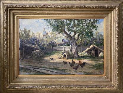 Oil painting Barnyard birds by Vladimir Ivanovich Kozlovsky, rustic chickens foraging