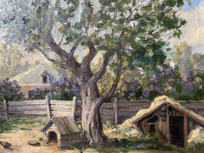 Oil painting of weathered wooden doghouse by Vladimir Ivanovich Kozlovsky