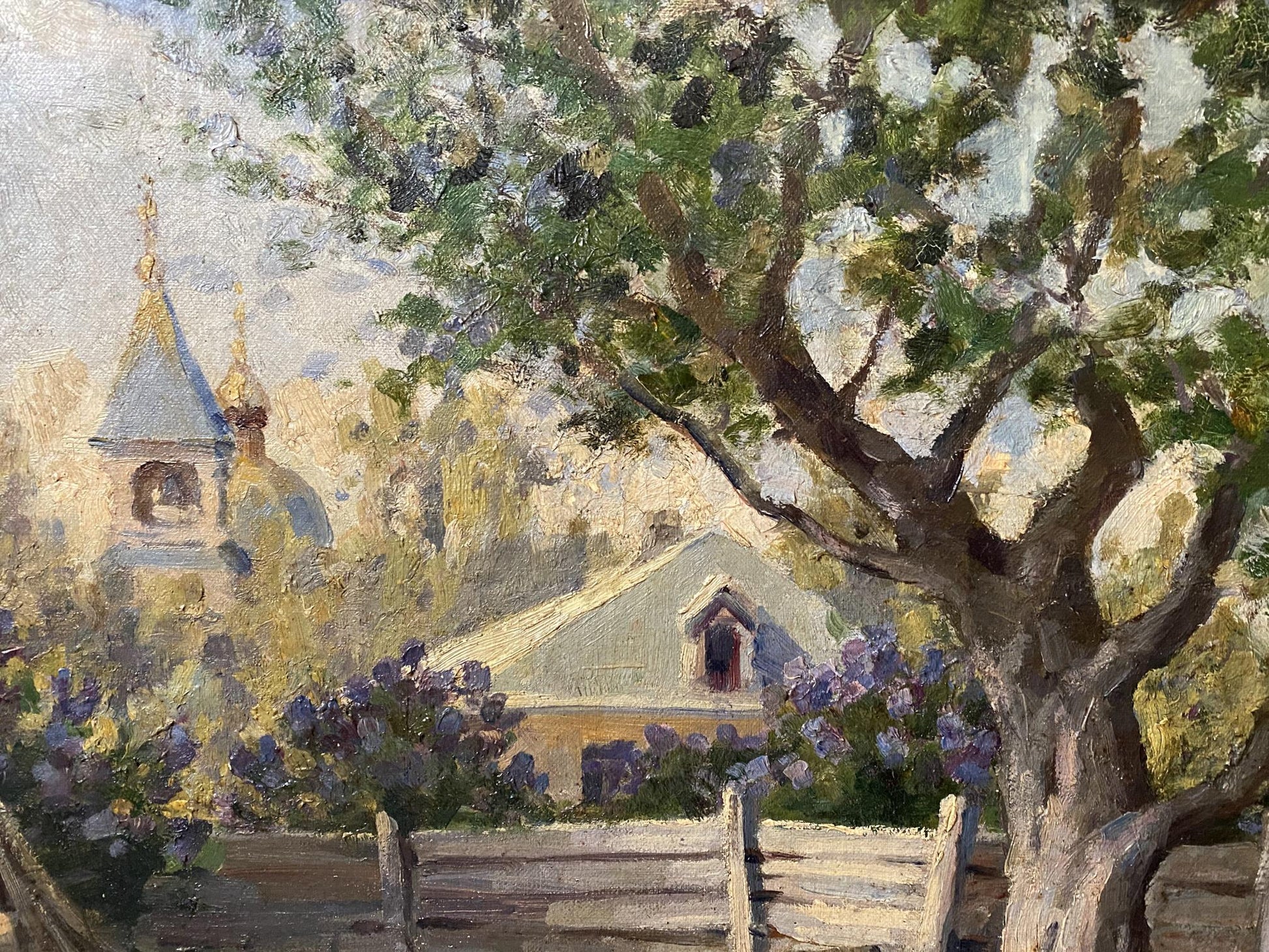 Oil painting of rustic wooden fence by Vladimir Ivanovich Kozlovsky