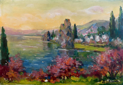 Vibrant impressionist oil painting by Tsvetkova Valentina Petrovna: serene lake, blooming trees