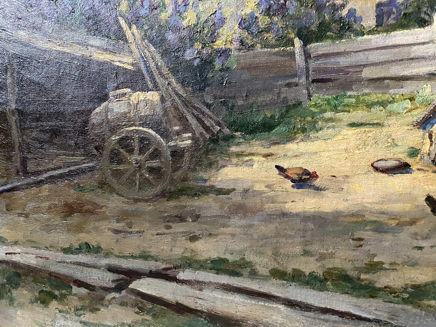 Oil painting of rustic wooden cart with water barrel by Vladimir Ivanovich Kozlovsky