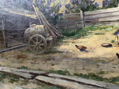 Oil painting of rustic wooden cart with water barrel by Vladimir Ivanovich Kozlovsky