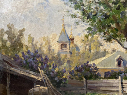 Oil painting of church with golden domes by Vladimir Ivanovich Kozlovsky