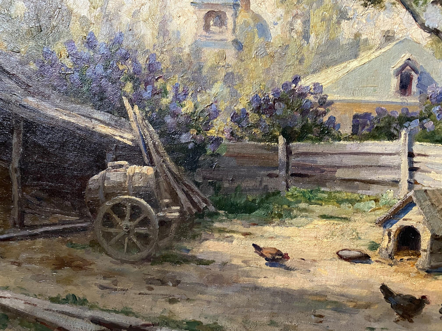 Oil painting of rustic wooden cart with barrel by Vladimir Ivanovich Kozlovsky