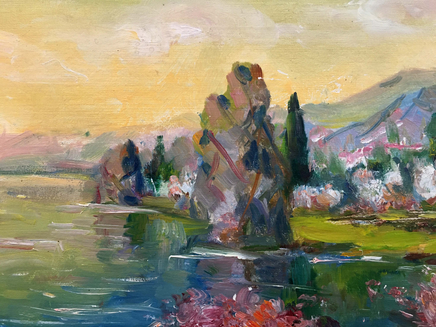 Vibrant impressionist lakeside oil painting by Tsvetkova Valentina Petrovna