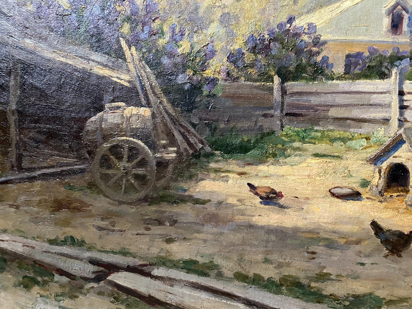 Oil painting of barnyard birds by Vladimir Ivanovich Kozlovsky with rustic wooden cart