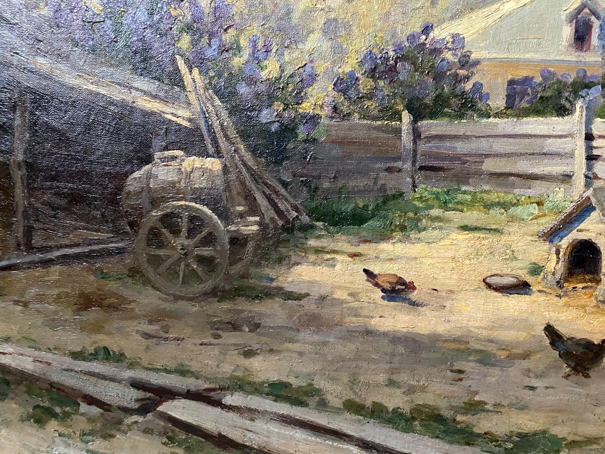 Oil painting of barnyard birds by Vladimir Ivanovich Kozlovsky with rustic wooden cart