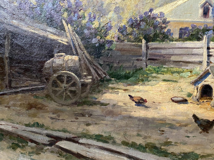 Oil painting of barnyard birds by Vladimir Ivanovich Kozlovsky with rustic wooden cart