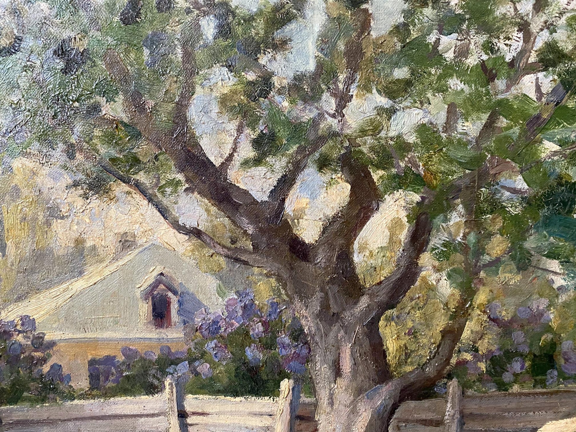 Oil painting of leafy tree and rustic house by Vladimir Ivanovich Kozlovsky