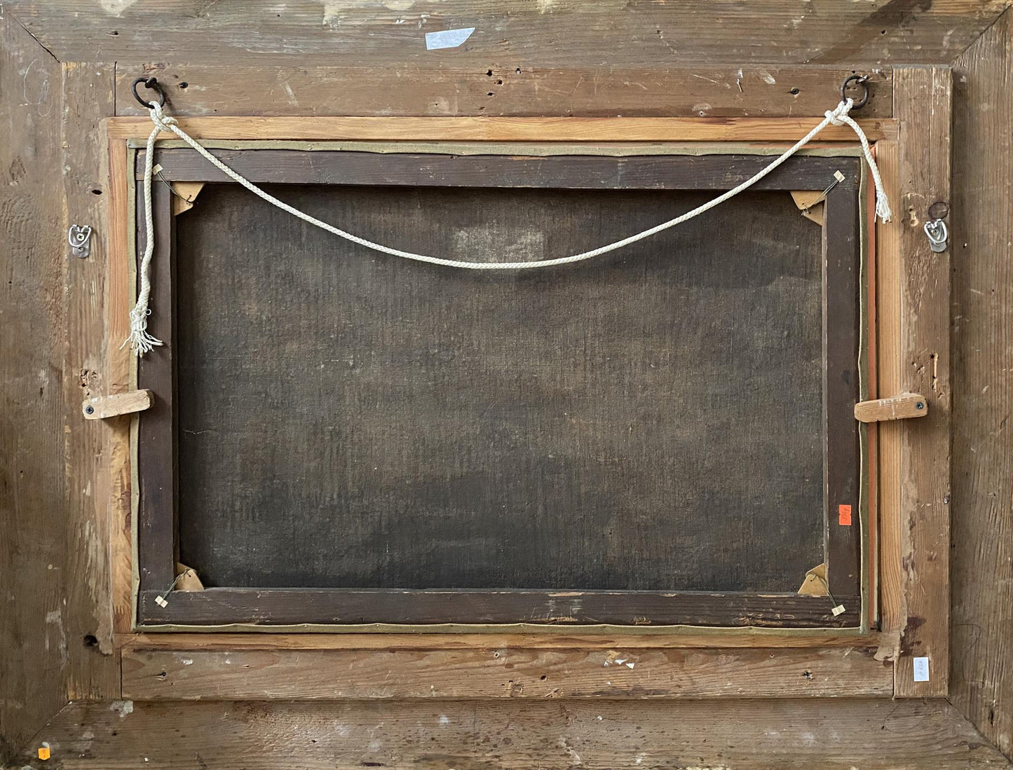 Back of rustic wooden frame for Vladimir Ivanovich Kozlovsky oil painting Barnyard birds