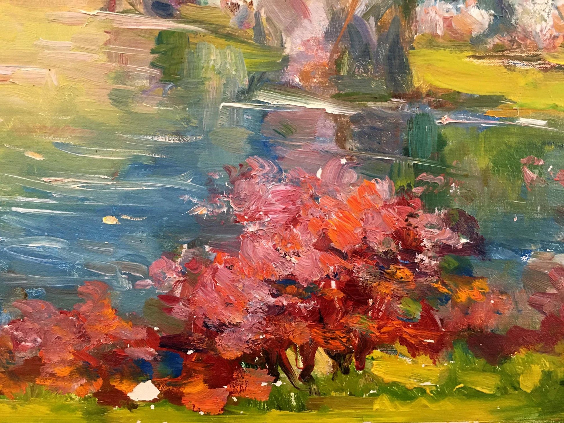 Vibrant impressionist oil painting by Tsvetkova Valentina Petrovna of blossoming trees reflected in blue water