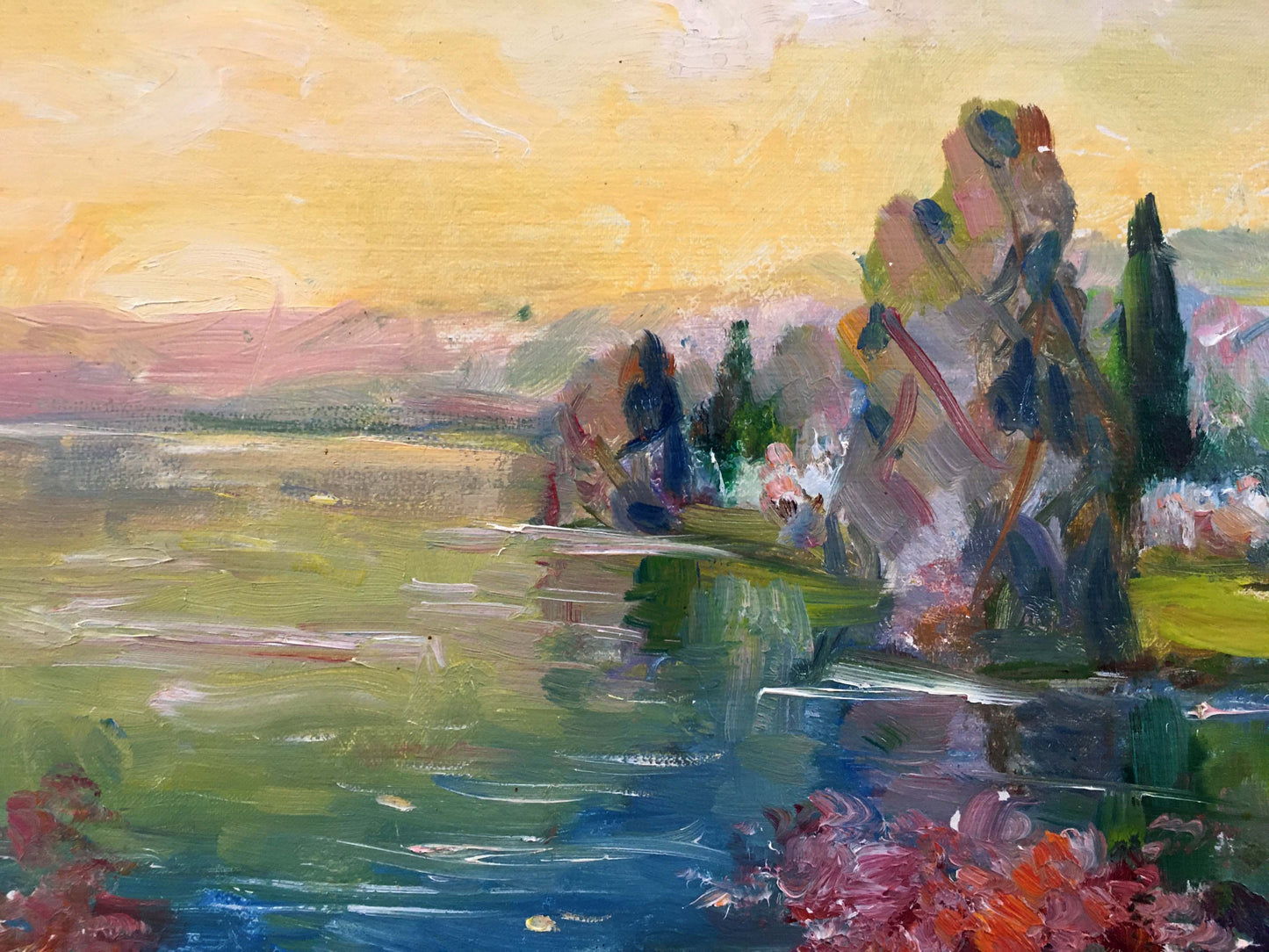 Vibrant impressionist lakeside oil painting by Tsvetkova Valentina Petrovna