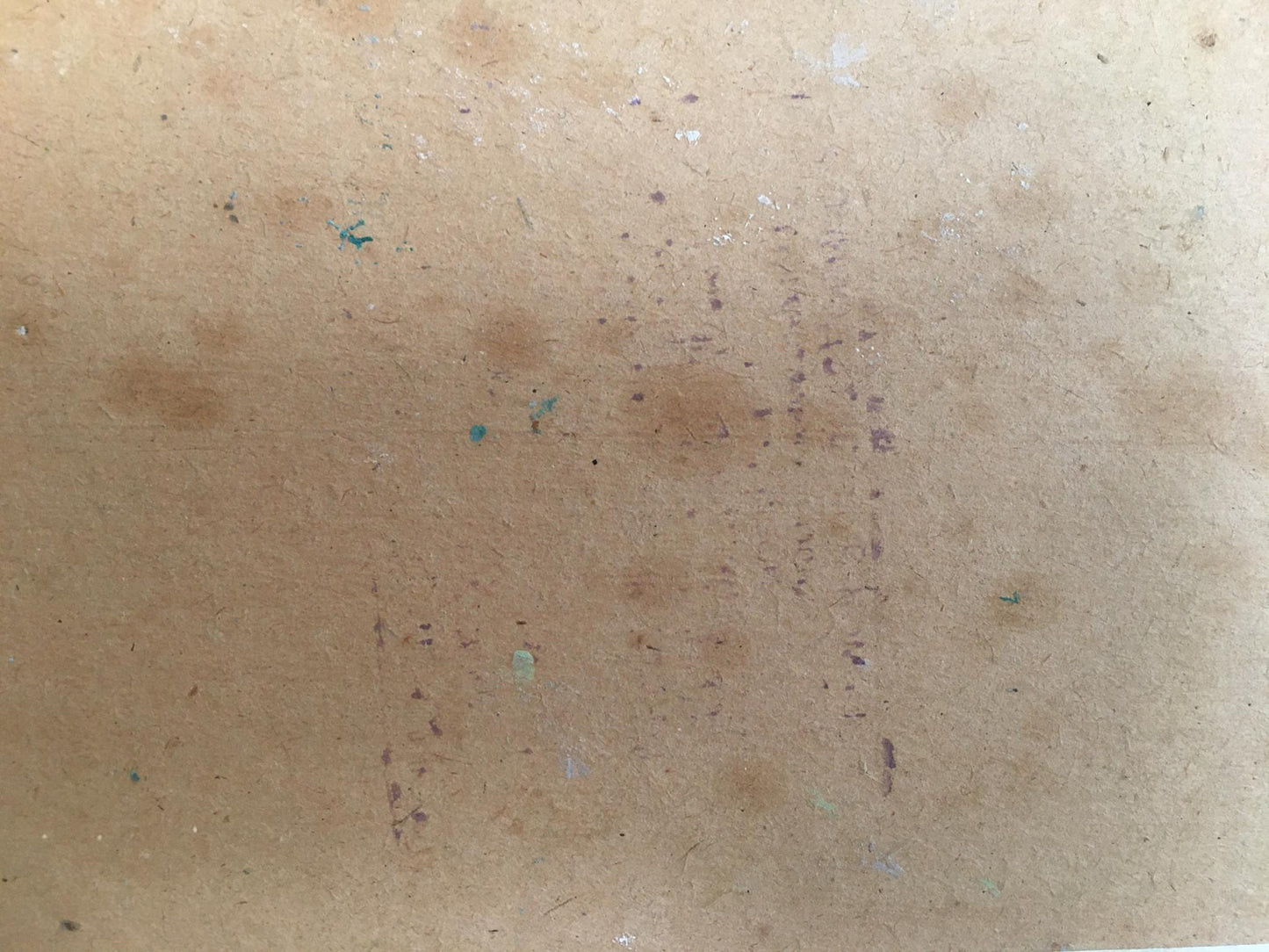 Back of Tsvetkova Valentina Petrovna oil painting landscape on beige particle board with brown stains and green specks