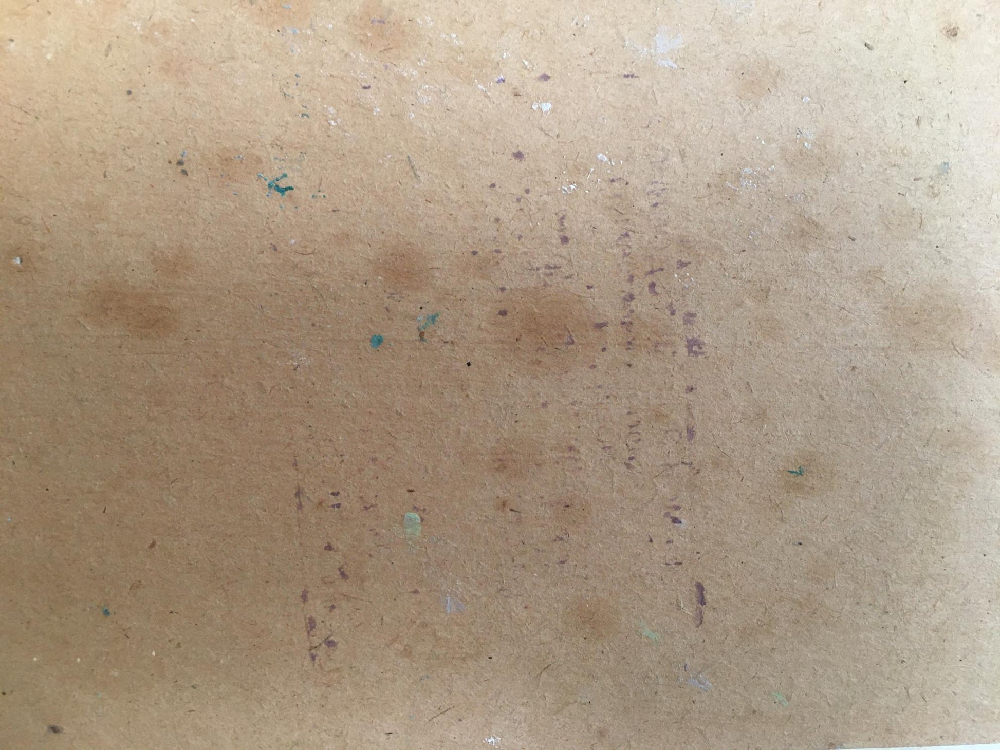 Back of Tsvetkova Valentina Petrovna oil painting landscape on beige particle board with brown stains and green specks
