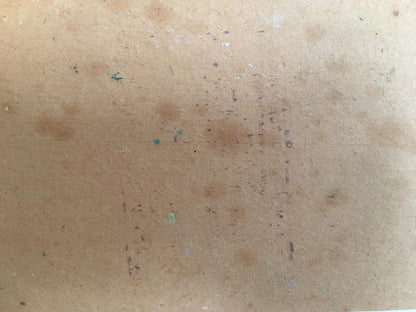 Back of Tsvetkova Valentina Petrovna oil painting landscape on beige particle board with brown stains and green specks