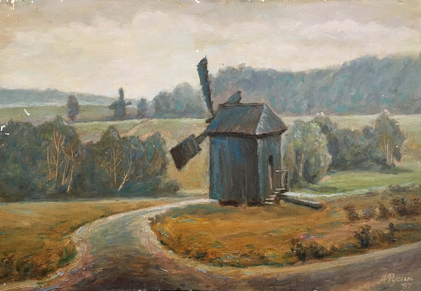 Oil painting of weathered blue windmill on grassy hill by Rusin Arkady Viktorovich