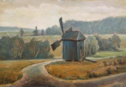 Oil painting of weathered blue windmill on grassy hill by Rusin Arkady Viktorovich
