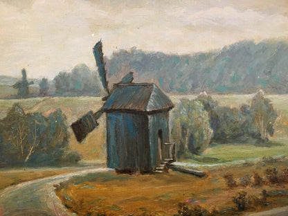 Oil painting of weathered blue windmill in field by Rusin Arkady Viktorovich