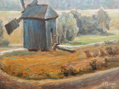 Oil painting of weathered blue windmill by Rusin Arkady Viktorovich