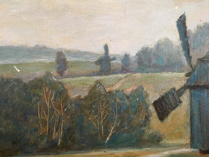 Oil painting by Rusin Arkady Viktorovich: rustic blue windmill in green fields
