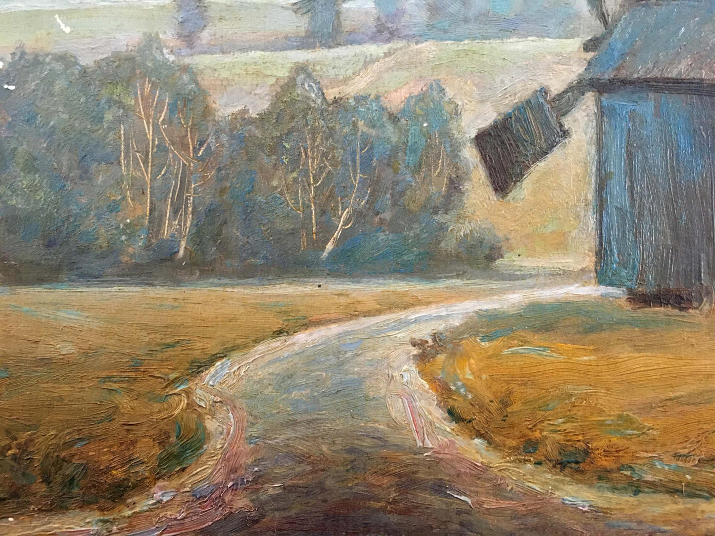 Oil painting of rustic blue barn with weathered roof and black mill by Rusin Arkady Viktorovich