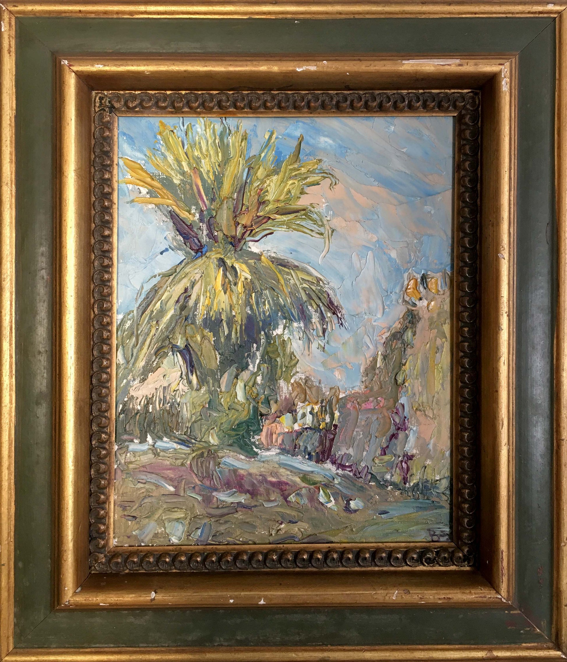 Vibrant impressionist oil painting of palm tree in coastal landscape, ornate gold frame